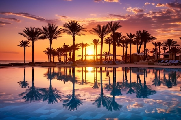 Silhueta de palmeiras com reflexo na piscina ao pôr do sol