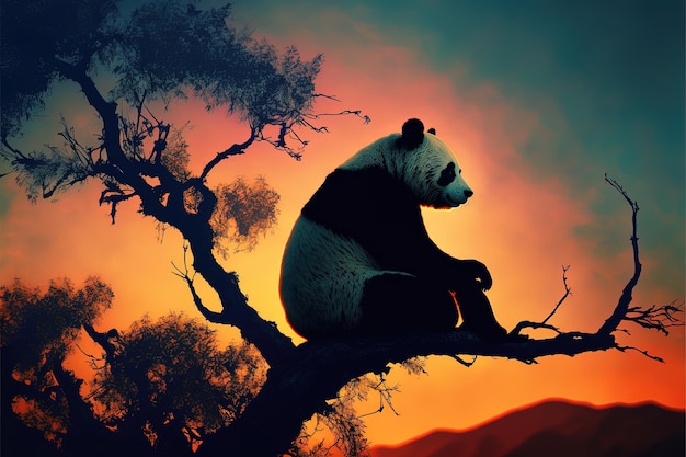 Silhueta de panda na floresta sentado em um galho de árvore ao pôr do sol ilustração vetorial.