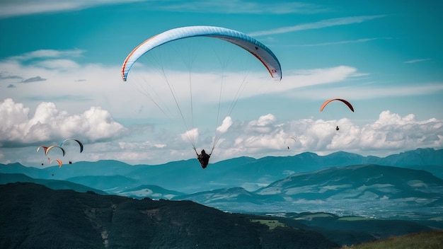 Silhueta de parapente voando sobre uma bela paisagem verde sob um céu azul com nuvens