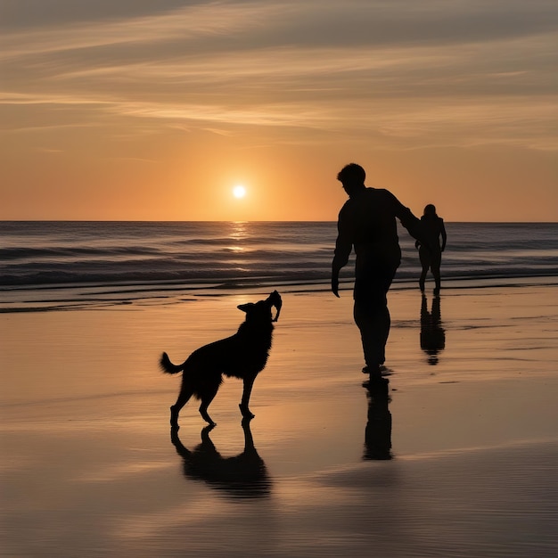 Silhueta de pessoa com seu cachorro na praia