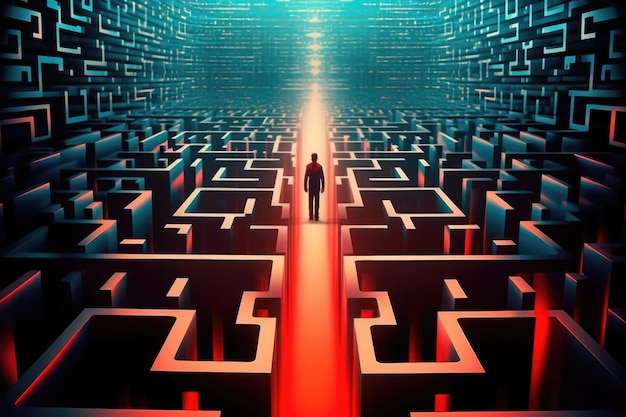 Silhueta de pessoa perdida no labirinto digital Labirinto no ciberespaço Generative AI