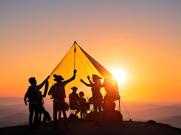 silhueta de pessoas do grupo se divertem no topo da montanha perto da tenda durante o pôr do sol