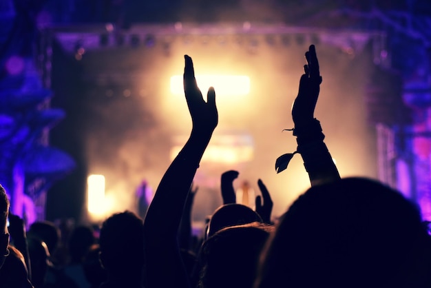 Silhueta de pessoas em um concerto de música contra o céu à noite