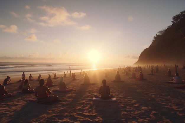 Silhueta de pessoas fazendo ioga ao pôr do sol na praia, meditação em grupo e aulas de ioga na praia.