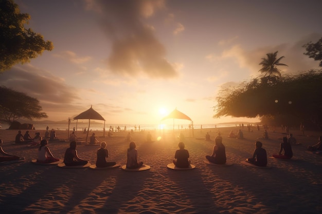 Silhueta de pessoas fazendo ioga ao pôr do sol na praia, meditação em grupo e aulas de ioga na praia.