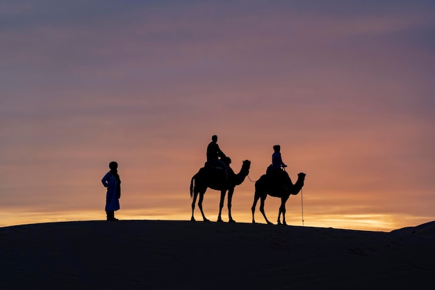 Silhueta de pessoas montando cavalos contra o céu durante o pôr do sol