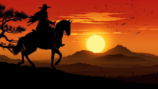 Silhueta de samurai andando a cavalo ao pôr do sol