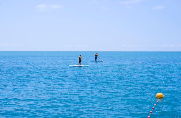 Silhueta de servidores em pé em uma prancha de surf em um mar calmo.