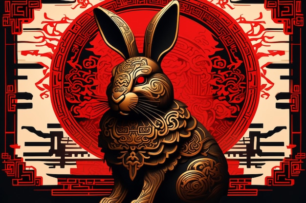 Silhueta de totem de rei de coelho de estilo chinês antigo, gráfico de composição perfeita detalhado