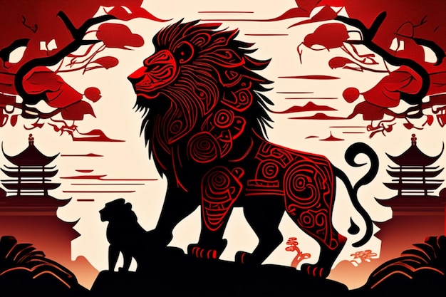 Silhueta de totem do rei leão estilo chinês antigo detalhada composição perfeita gráfico preto
