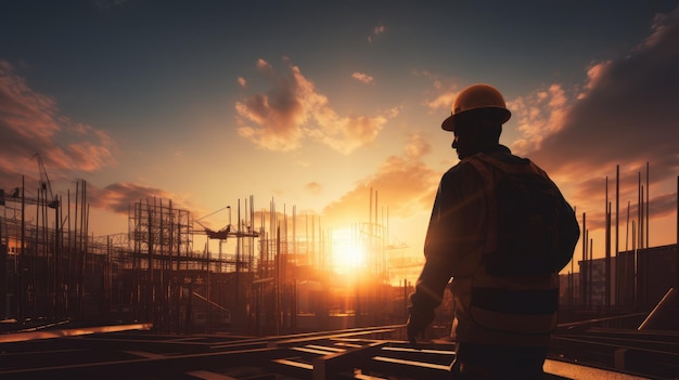 Silhueta de trabalhador no canteiro de obras ao pôr do sol