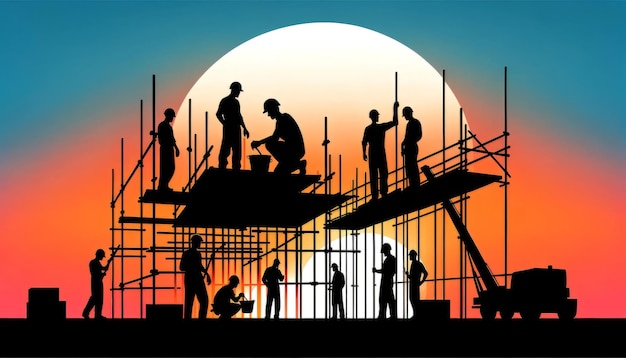 Silhueta de trabalhadores da construção em andaimes ao pôr-do-sol com um fundo de céu vibrante