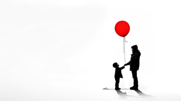 Silhueta de um adulto e uma criança de mãos dadas com a criança alcançando um balão vermelho em um branco