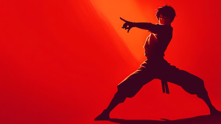 Foto silhueta de um artista marcial em uma postura de luta iluminada por um feixe de luz em um fundo vermelho