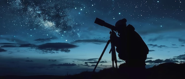 Foto silhueta de um astrônomo amador usando um telescópio para explorar o céu noturno estrelado conceito de descoberta astronomia e ciência