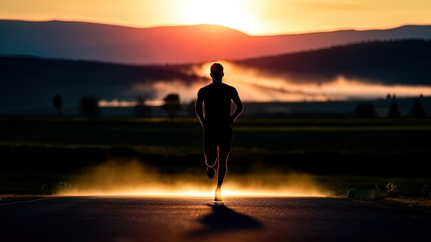 Silhueta de um atleta correndo contra uma estrada nevoenta e raios solares