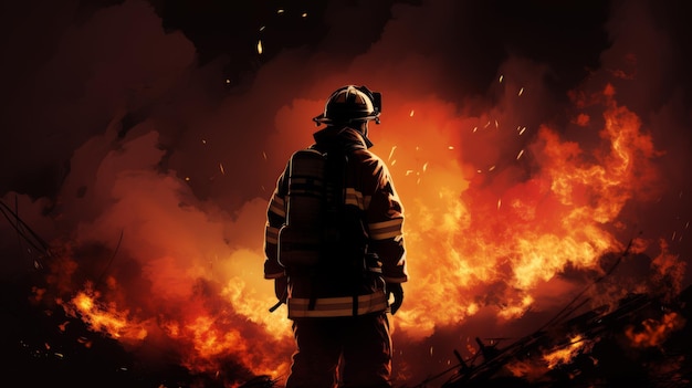 Silhueta de um bombeiro contra um pano de fundo de chamas furiosas tema de heroísmo