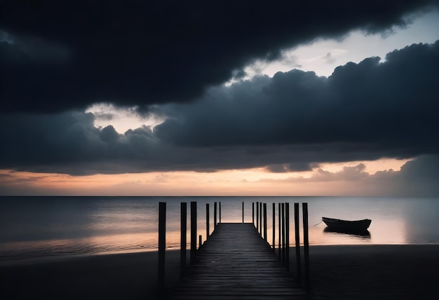 Silhueta de um cais de madeira e um pequeno barco em uma praia durante o pôr do sol com nuvens escuras no céu