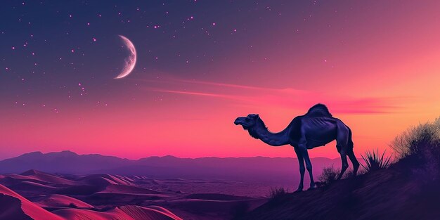 Silhueta de um camelo de montanha com lua crescente à esquerda paisagem noturna para tema islâmico