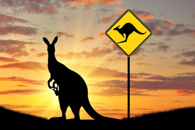 Silhueta de um canguru com um bebê e uma placa de trânsito ao pôr do sol