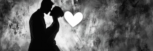 Silhueta de um casal amoroso e formato de coração em estilo preto e branco Banner preto do Dia dos Namorados