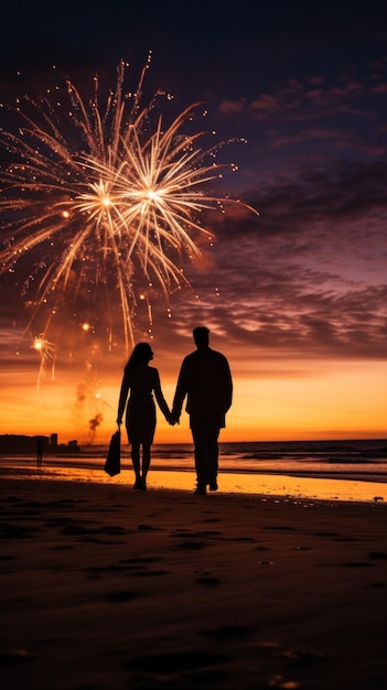 Foto silhueta de um casal andando de mãos dadas na praia com fogos de artifício iluminando o céu noturno