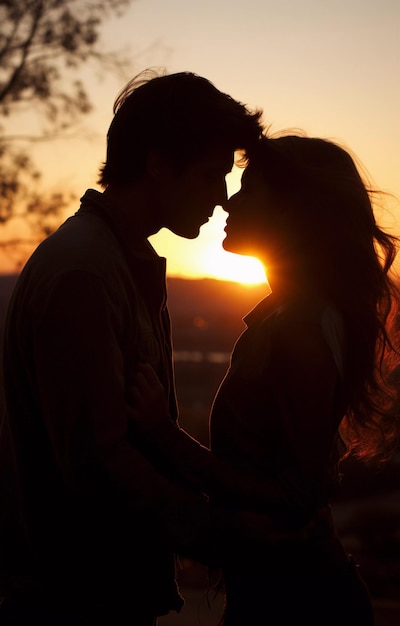 Foto silhueta de um casal apaixonado no fundo de um belo pôr do sol