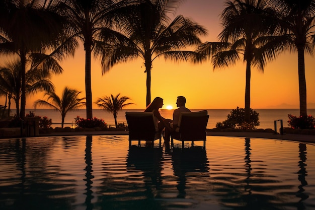 Silhueta de um casal de férias no verão por uma piscina e uma praia