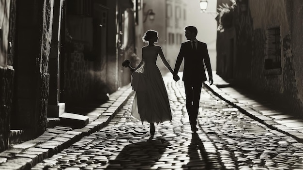 Silhueta de um casal de recém-casados de mãos dadas caminhando em uma rua de paralelepípedos com suas sombras lançadas pelo pôr do sol