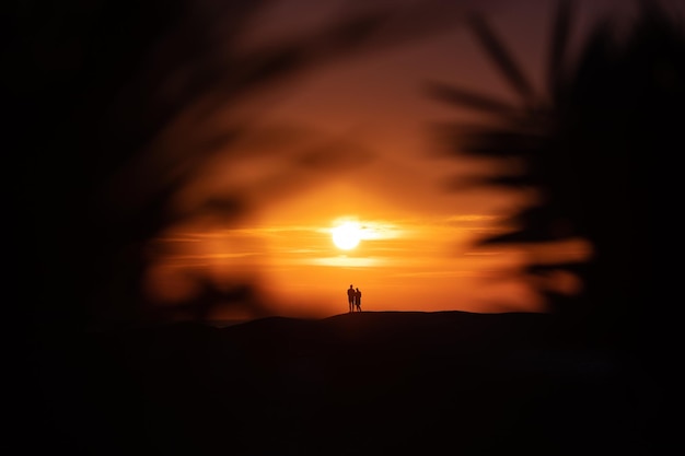 Foto silhueta de um casal em uma praia tropical ao pôr do sol