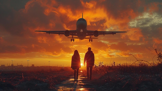 Silhueta de um casal na pista ao pôr-do-sol Conceito de viagem