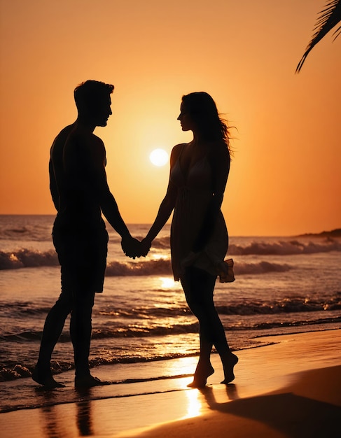 Foto silhueta de um casal na praia ao pôr do sol