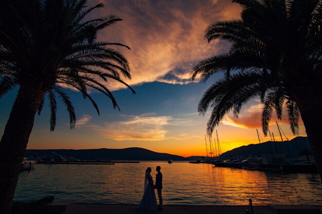 Silhueta de um casal recém-casado no fundo do sol poente