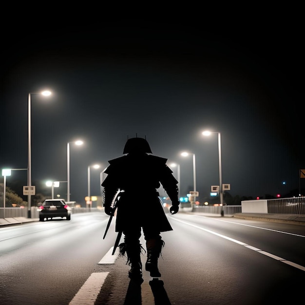Silhueta de um cavaleiro com espadas caminhando pela rua com um carro e lâmpadas de rua