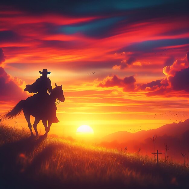 silhueta de um cowboy a cavalgar para o pôr-do-sol gerada por ai