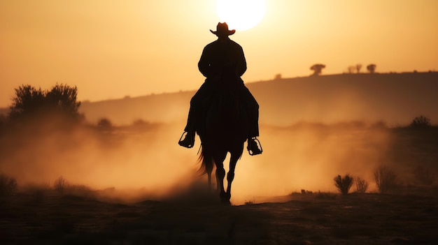 Foto silhueta de um cowboy solitário ao pôr do sol na ilustração do oeste americano ai generative