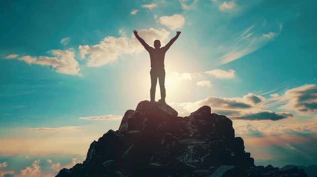 Silhueta de um empresário celebrando levantando os braços no topo da montanha com o céu azul e a luz do sol