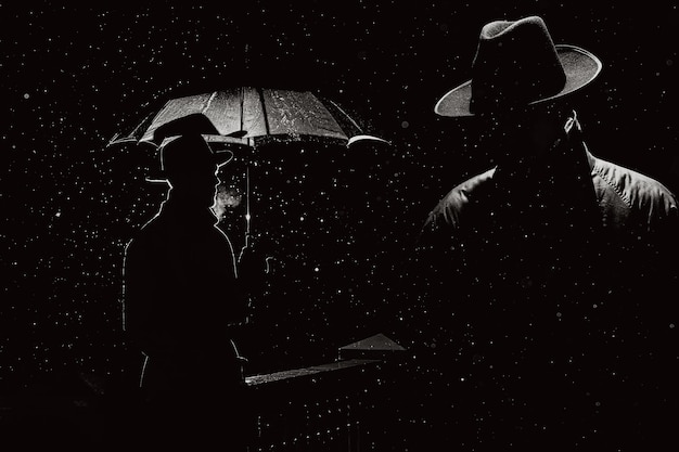Silhueta de um espião detetive masculino no estilo do filme noir Colagem com um homem em uma capa de chuva e chapéu