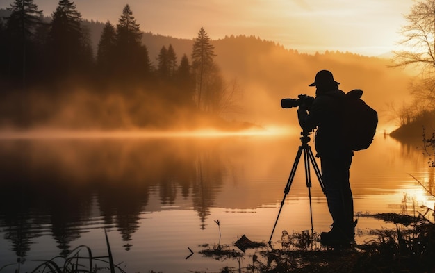 Silhueta de um fotógrafo de paisagens com câmera em tripé ao pôr-do-sol