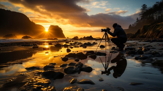 Silhueta de um fotógrafo tirando fotos contra um fundo de praia