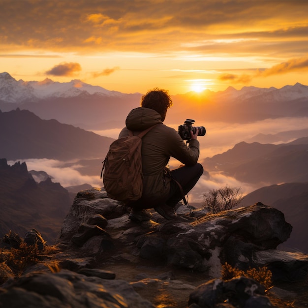 Silhueta de um fotógrafo tirando uma foto com uma montanha ao fundo