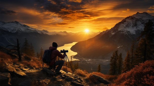 Silhueta de um fotógrafo tirando uma foto com uma montanha ao fundo