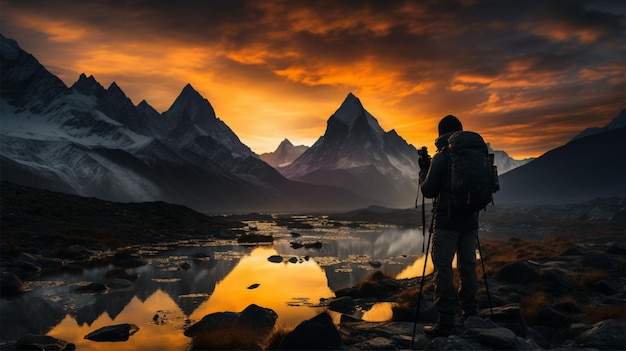 Silhueta de um fotógrafo tirando uma foto com uma montanha ao fundo