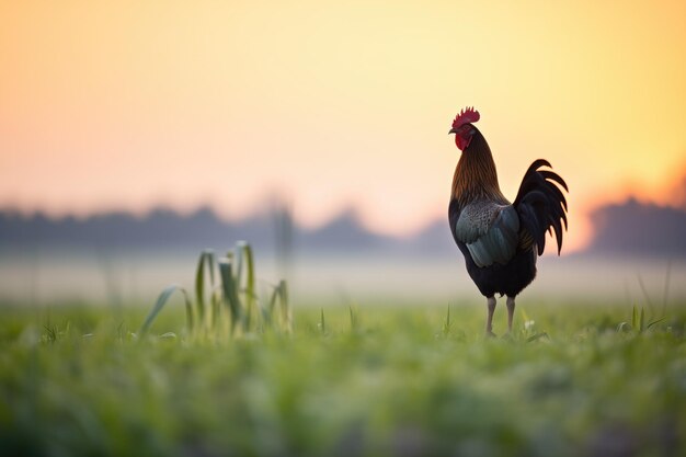 Silhueta de um galo ao amanhecer em um campo