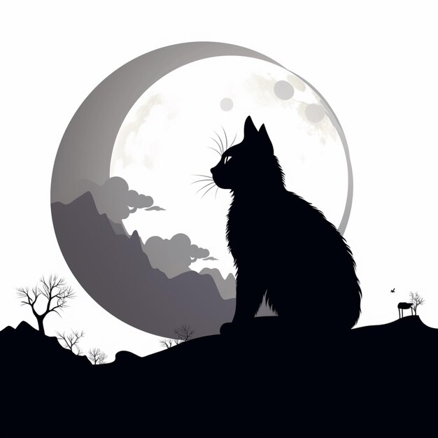 Foto silhueta de um gato sentado em uma colina na frente de uma lua cheia generativa ai