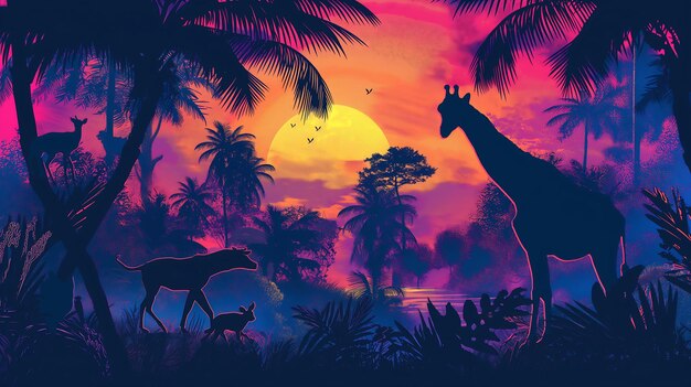 silhueta de um grupo de animais selvagens de fantasia paisagem da selva floresta cores vibrantes brilhantes