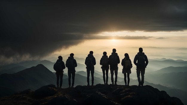 Silhueta de um grupo de caminhantes no topo de uma montanha ao nascer do sol