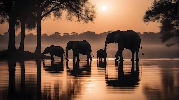 Silhueta de um grupo de elefantes