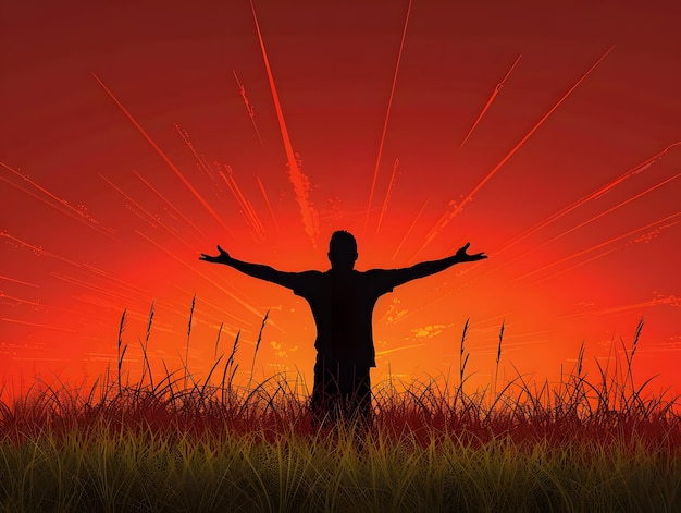 Silhueta de um homem com as mãos levantadas em um fundo de pôr-do-sol