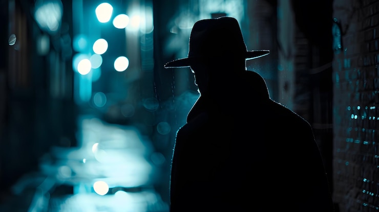 Foto silhueta de um homem com um casaco e chapéu em um beco escuro em uma noite chuvosa tema de viol generative ai